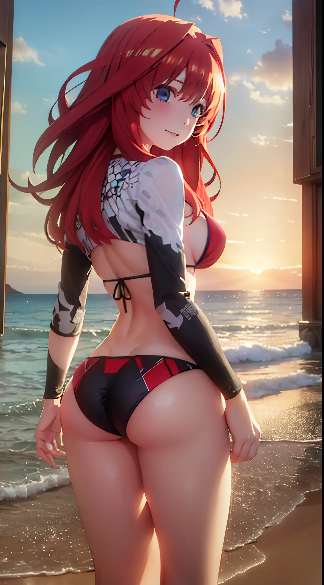 (masterpiece, beach scene at sunset:1.3), (itsuki nakano:1.2), (standing at her 150 centimeters height with a well-distributed 45 kg:1.2), (beautifully proportioned body with medium breasts and a medium-sized, firm, and round buttocks:1.2), (slender physique:1.1), (strolling along the beach at the moment of capture:1.2), (facing away from the camera, but turning around with a brief laughter at the corner of her mouth:1.2), (photograph taken from her back:1.5), (wearing an extremely small bikini both on top and bottom:1.5), (capturing the enchanting lighting of the sunset:1.1), (enhancing the beauty of her red-color hair:1.3) Hyper-detailed, insane details, Beautifully color graded, Unreal Engine, DOF, Super-Resolution,Megapixel, Cinematic Lightning, Anti-Aliasing, FKAA, TXAA, RTX,SSAO,Post Processing, Post Production, Tone Mapping, CGI, VFX, SFX, Insanely detailed and intricate , Hyper maximalist, Hyper realistic, Volumetric, Photorealistic, ultra photoreal, ultra- detailed, intricate details,8K, Super detailed , Full color, Volumetric lightning, HDR, Realistic, Unreal Engine, 16K, Sharp focus. Octane render
