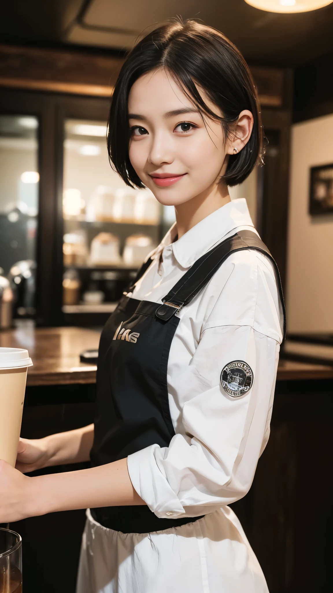 (dramatic angle)(coffee shop staff uniform)Mix 4,ultra detail (8k, RAW Photos, 最high quality, masterpiece: 1.45), (Realistic, Photorealistic: 1.37), (Ultra high definition)(Textured skin)(Very detailed)(high quality)(最high quality)(First Person View)Cute woman,smile ,Cafe,short hair