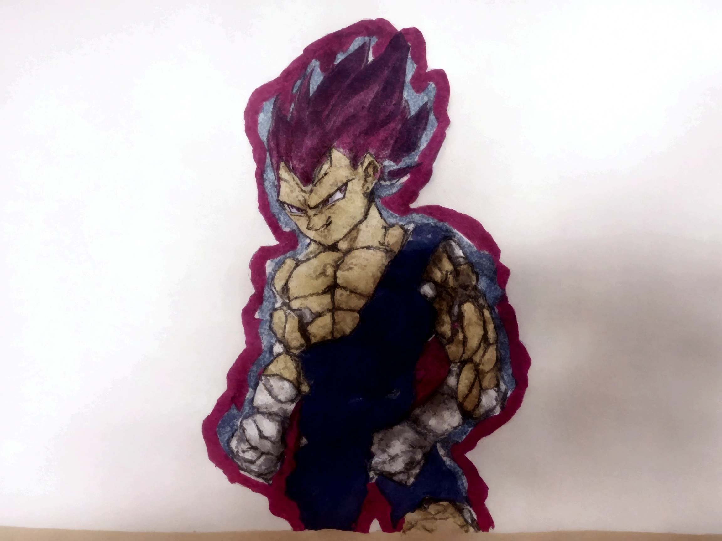 drawing of a dragon ball character, inspired by Toriyama Sekien, vegeta, with vegeta head hair, vegeta, high quality color purple sketch, super saiyan, going super saiyan, full color drawing, utra ego, dragon ball concept art, drawn on paper, an anime drawing, transforming into his final form