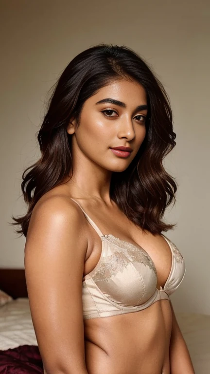 close up photo of 30 years old pooja hegde, in bedroom, lingerie