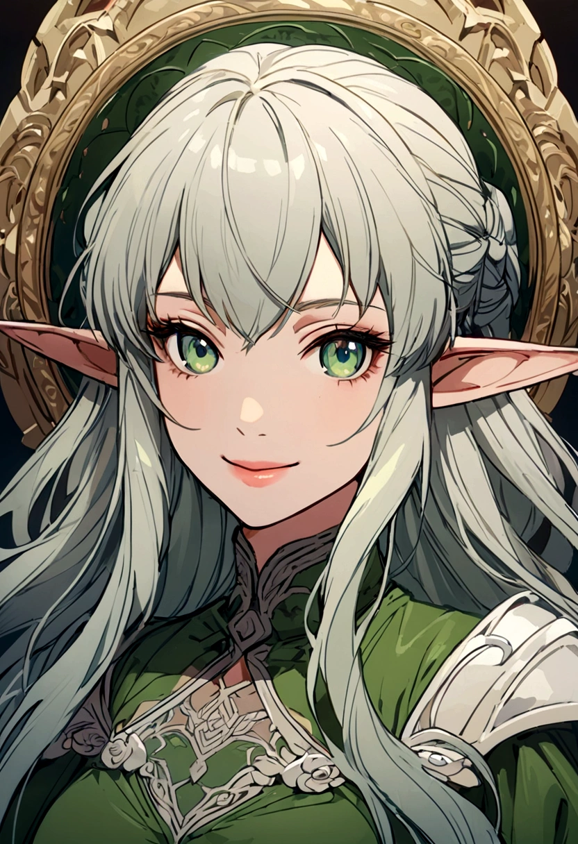 There is a woman with a sword standing in the field, Smiling elf character, Elf Woman, Female Elfling, Mithril Hall, Female Elf, Character Close-up, Elf Portrait, Portrait of an Elf Warrior, Elf royal side portrait, Silver middle-parted long hair,Wearing brown and green clothing,The clothes have intricate embroidery