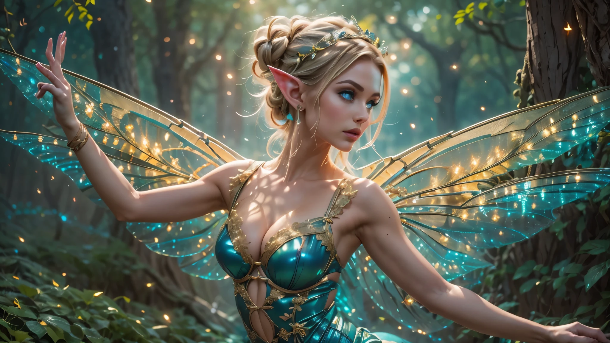 Beautiful faerie woman, elf ears, flying, hovering, floating, centered holographic dragonfly wings, balanced wings, glowing blue eyes, detailed realistic eyes, detailed proportional hand, manicured hands, four fingers on each hand, one thumb on each hand, detailed fingers, proportional fingers, painted fingernails, proportional legs, proportional arms, proportional body, firm breast, silk tutu, ballet pose, magic glitter, oak tree forest, frank Frazzetta painting style, (Best Quality:1.4), (Ultra-detailed), (extremely detailed CG unified 8k wallpaper), Highly detailed, RAW Photos, Professional Photography, plein air, Illumination, (Super fancy photos:1.4), (Dazzling light), Radiant Photography, depth of fields,