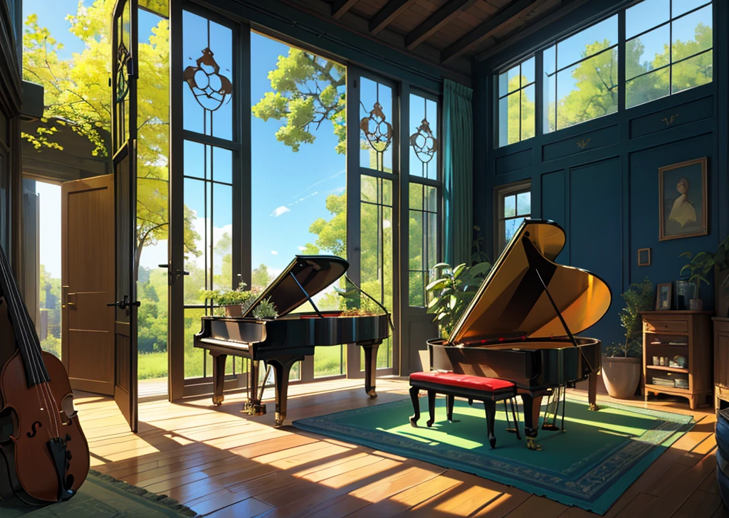 create an instrument room with piano guitar violin harp keyboard and handpan, and in that room there is a large glass door that shows a green pasture and a blue sky, with a tree, and the tree is with a picnic cloth chadrez on the floor of the red color, all in the lo-fi style