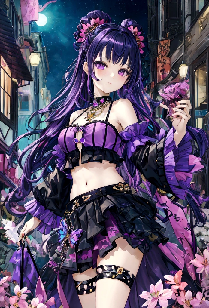 fantasy world girl with colorful hair, accessories, detailed clothes, cropped top, skirt, black and purple clothes 💮🖤🦋🪷✨🪻🌸🌷🌺🌹🎀