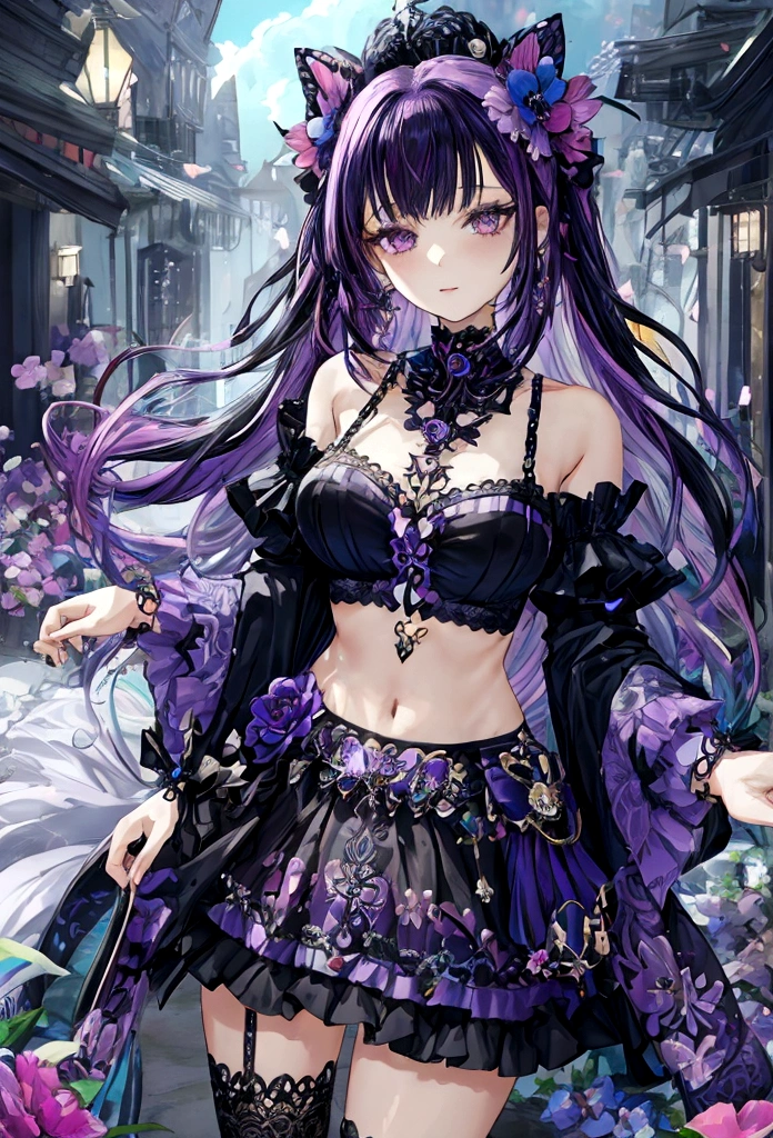fantasy world girl with colorful hair, accessories, detailed clothes, cropped top, skirt, black and purple clothes 💮🖤🦋🪷✨🪻🌸🌷🌺🌹🎀