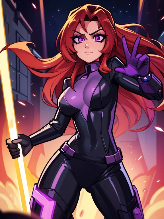 (best quality:1.3),masterpiece, best quality, high res, detailed, (Detailed face:1.2), (Detailed eyes:1.2), (Perfect figure:1.2), CARTOON, ANIME, CARTOON ARTSTYLE, Mara Jade from Star Wars in full attack mode holding a purple lightsaber. she is wearing a tight shiny black leather suit. defending a barracks on a battlefield.