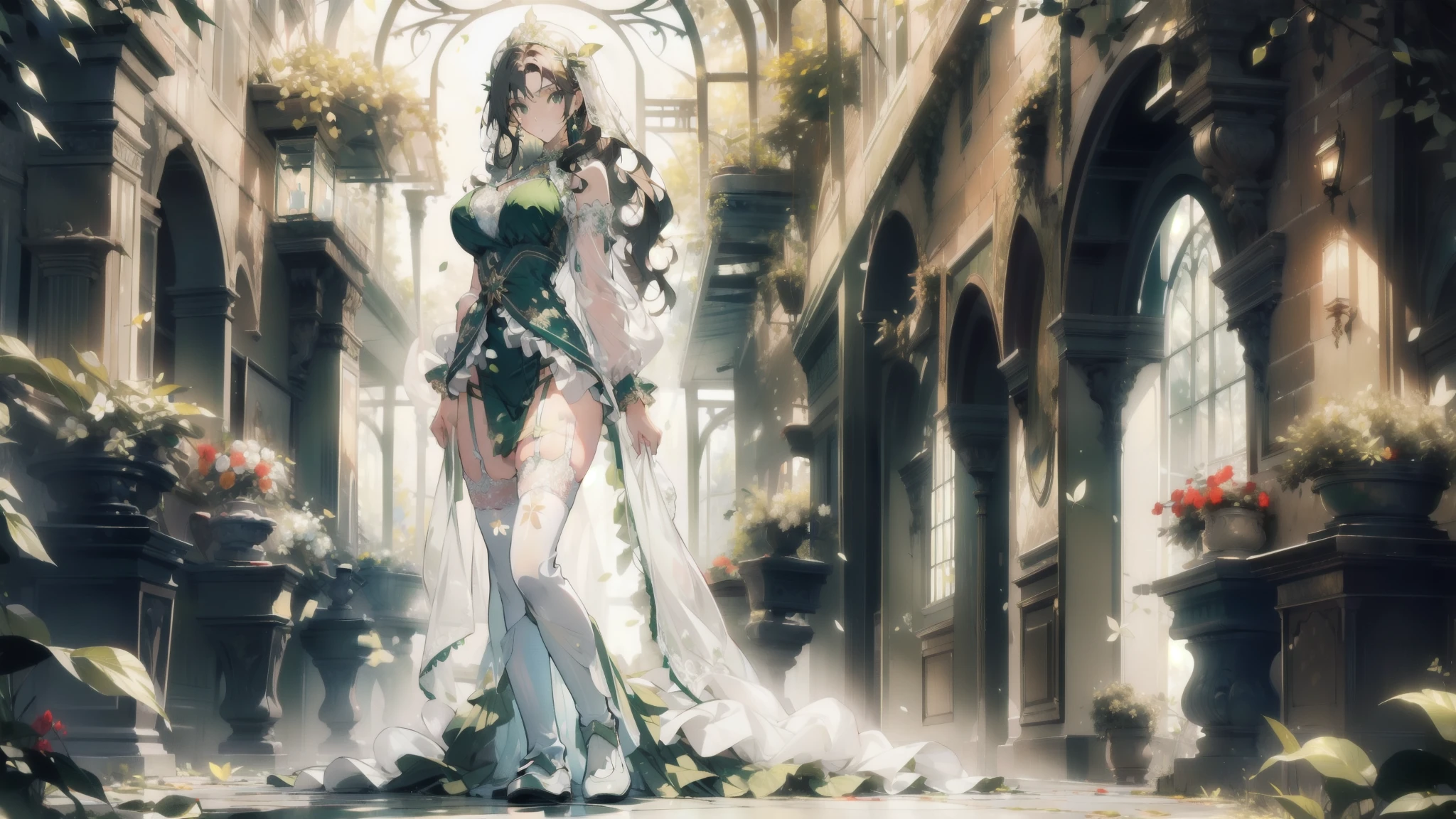 ((masterpiece, best quality)), Delicate face,Saint,whole body,Standing picture,Long legs,Large Breasts,Gradient long wavy hair,Perfect body proportions,Nice green eyes,Extremely beautiful,transparent, Pure white background,Garden falling leaves,Sexy_Bikini,Lace,Garter stockings