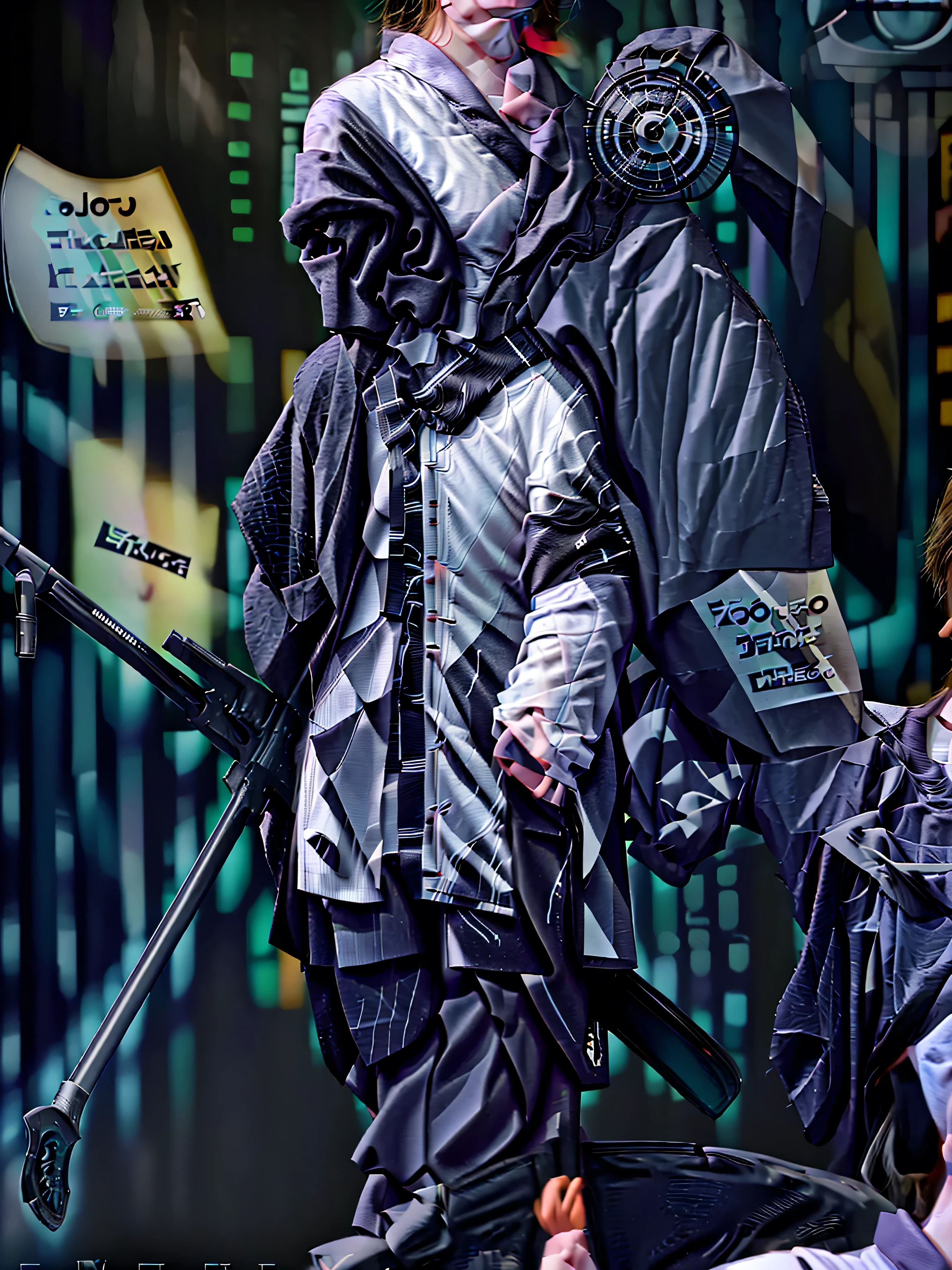 DJ marshmallow version Hashira cyberpunk wearing a black and white kimono tunic using a black scythe carrying on his back
