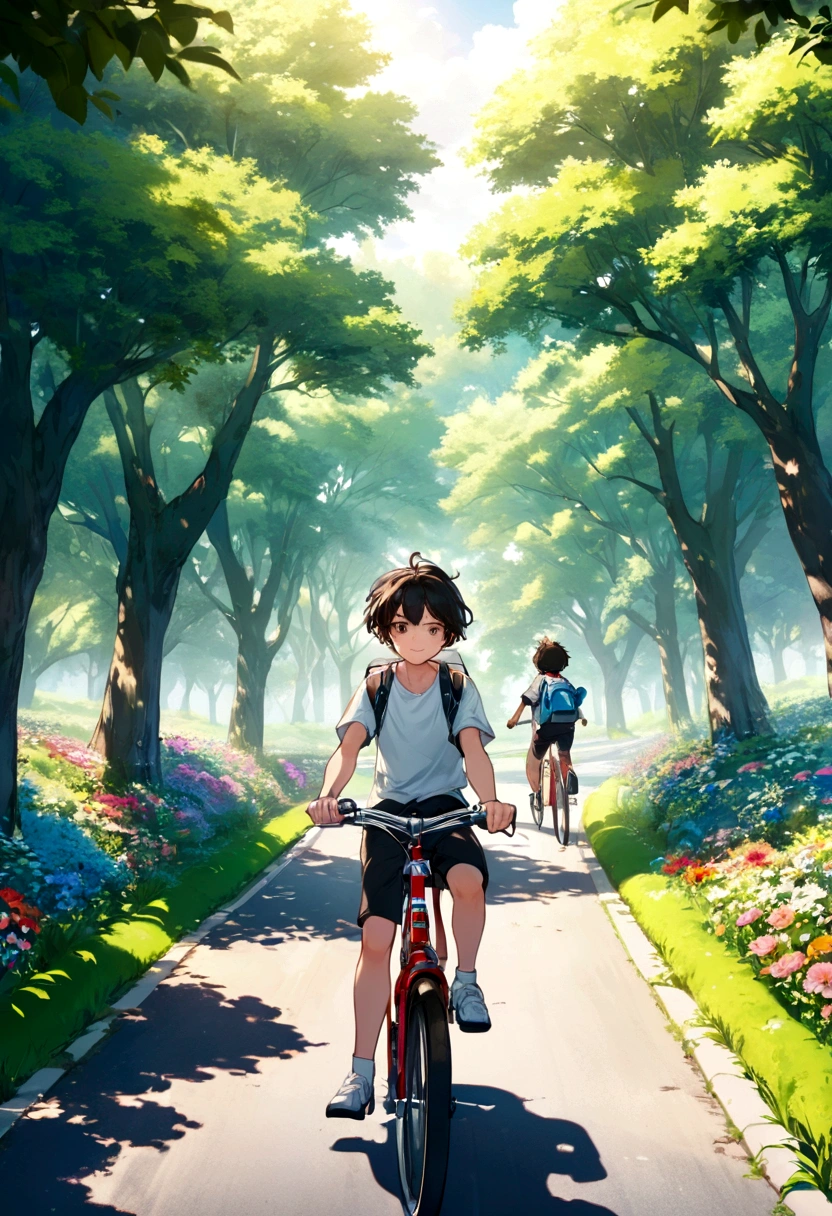 Children's book illustrations, Cartoon Art, Futuristic, Anime Style, 4K, UHD, high quality, High resolution, 最high quality, Award-winning, UHD, masterpiece, Thin contours、Anime Style、Cool and edgy、 Young couple cycling along a sunlit country road、Blooming Flowers々and surrounded by lush greenery、A happy face shining。bright、Bright colors、Movie angle、High detail、Nostalgic、Fashionable、Pause、colorful、With confidence、Performance、accessories、Coil、Surroundings、stylish、impressive、modern、fashion