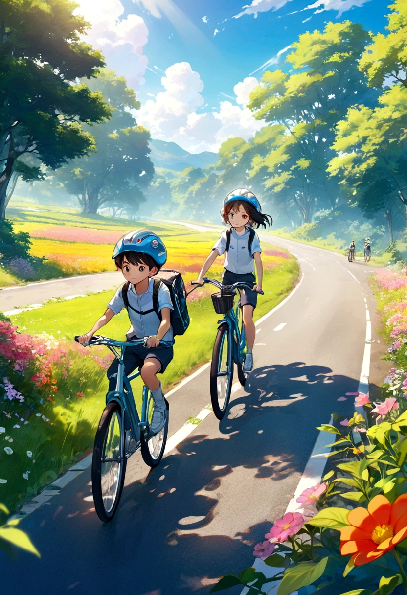 Children's book illustrations, Cartoon Art, Futuristic, Anime Style, 4K, UHD, high quality, High resolution, 最high quality, Award-winning, UHD, masterpiece, Thin contours、Anime Style、Cool and edgy、 Young couple cycling along a sunlit country road、Blooming Flowers々and surrounded by lush greenery、A happy face shining。bright、Bright colors、Movie angle、High detail、Nostalgic、Fashionable、Pause、colorful、With confidence、Performance、accessories、Coil、Surroundings、stylish、impressive、modern、fashion