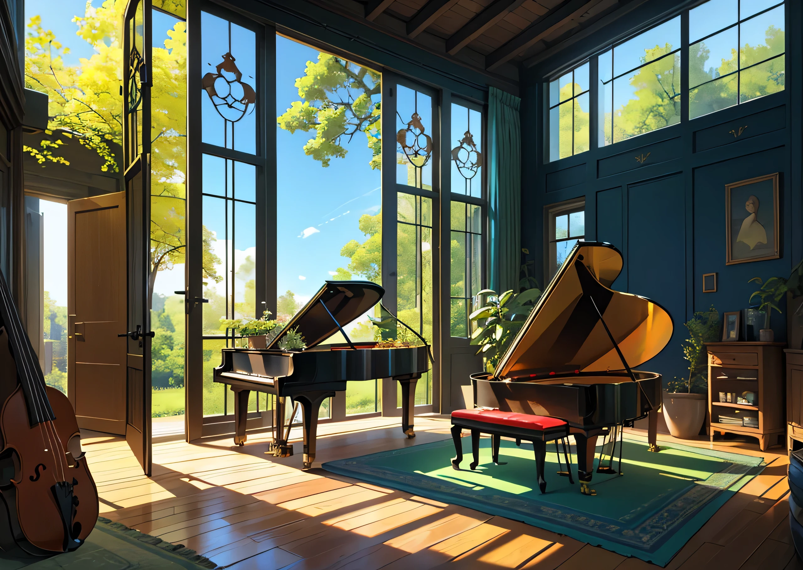 create an instrument room with piano guitar violin harp keyboard and handpan, and in that room there is a large glass door that shows a green pasture and a blue sky, with a tree, and the tree is with a picnic cloth chadrez on the floor of the red color, all in the lo-fi style