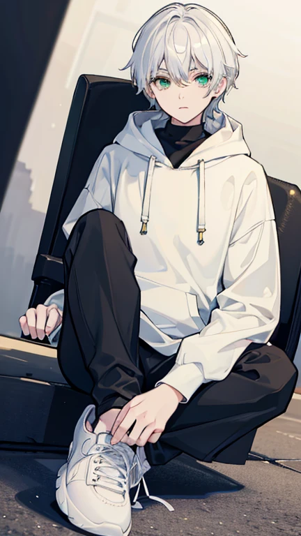 masterpiece, Facial details, Extremely detailed, 8k, Modern Style, ((One young man)), female, short white hair, Green Eyes, White hoodie, Black trousers, Shoes are also visible, White Background, joy