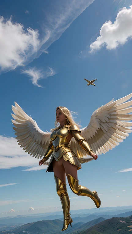 Blonde girl with small gold armor and big white wings,(((full body))) volando sobre densas nubes