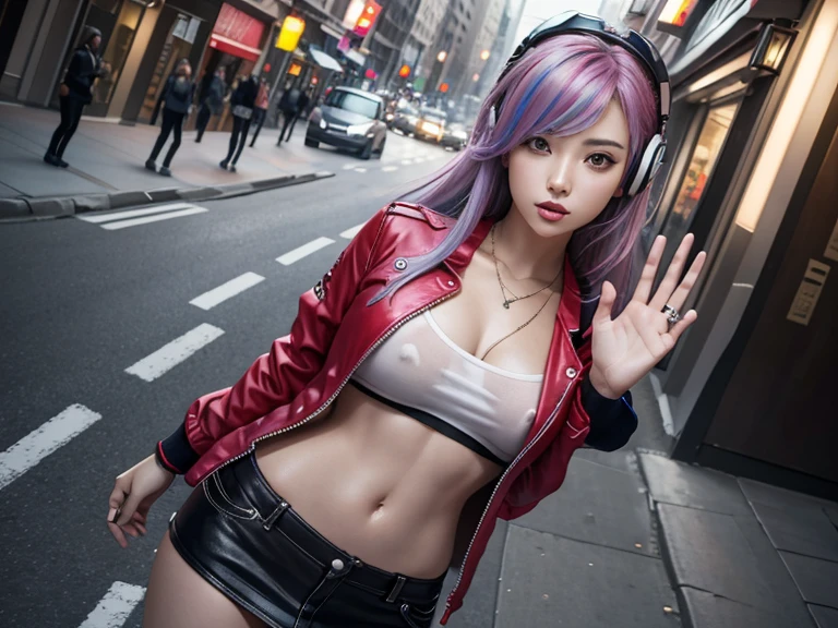 masterpiece, woman , dynamic, kpopIDOL, promotional photo, raise hand, shout, kiss, face close, downtown, hustle, impressive eyes, fine skin texture, confident lol, overhead view, strabismus, strabismus, strabismus, high resolution, profoto, street corner, crotch, red, sheer jacket with cleavage zipper, string sport mini skirt, spotlight, rock singer, rainbow hair,, navel, straight hair, hands in pockets, Headphones, Long Hair, Tattoo