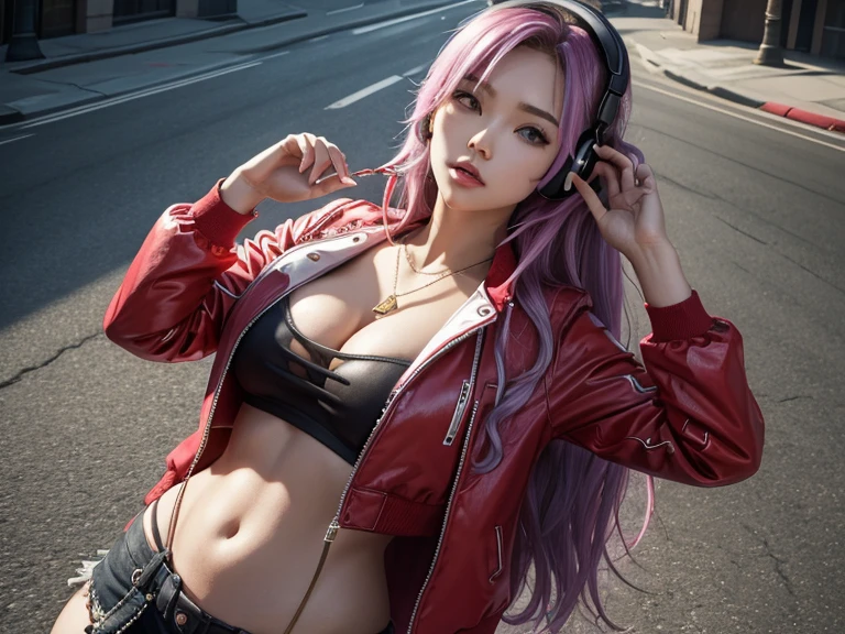 masterpiece, woman , dynamic, kpopIDOL, promotional photo, raise hand, shout, kiss, face close, downtown, hustle, impressive eyes, fine skin texture, confident lol, overhead view, strabismus, strabismus, strabismus, high resolution, profoto, street corner, crotch, red, sheer jacket with cleavage zipper, string sport mini skirt, spotlight, rock singer, rainbow hair,, navel, straight hair, hands in pockets, Headphones, Long Hair, Tattoo