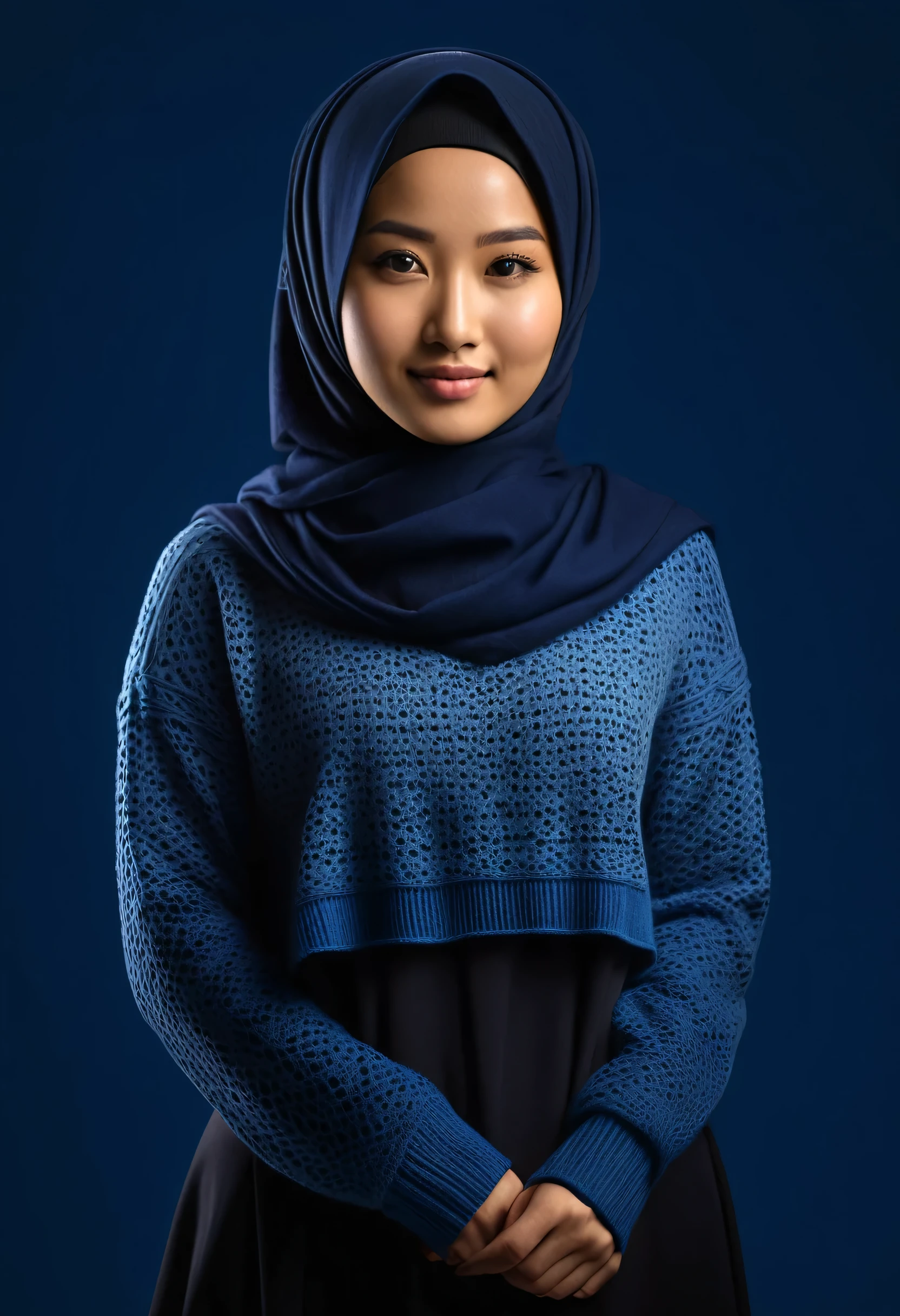 4D cartoonish realistic a 20yo beautiful Asian woman, full body, wearing a dark blue hijab, wore dark blue sweater. gradient blue background with professional lighting. masterpiece, top quality, skin and face very detailed, ultra-realistic, high definition, studio lighting, sharp focus, detailed photography, photo portraits.