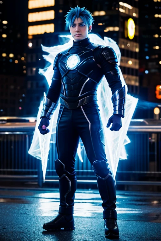 Full body view of a 19 year old fair skinned blue haired boy with ice powers chasing a 19 supervillain with time manipulation superpowers in New York City