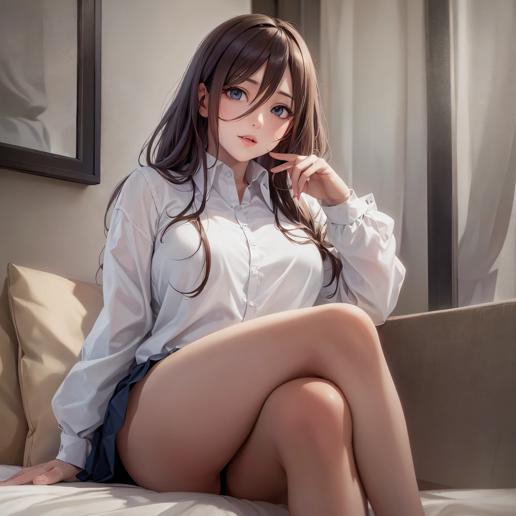 (best quality:1.2,masterpiece:1.2),solely,1girl,serious,beautiful detailed eyes,beautiful detailed lips,extremely detailed eyes and face,long eyelashes,Miku Nakano,looking at the viewer,hand on face,sitting,crossed legs,button-up shirt,tied-up skirt,stockings,thick thighs,big breasts,illustration,ultra-detailed,realistic:1.37,professional,portrait,vivid colors,soft lighting