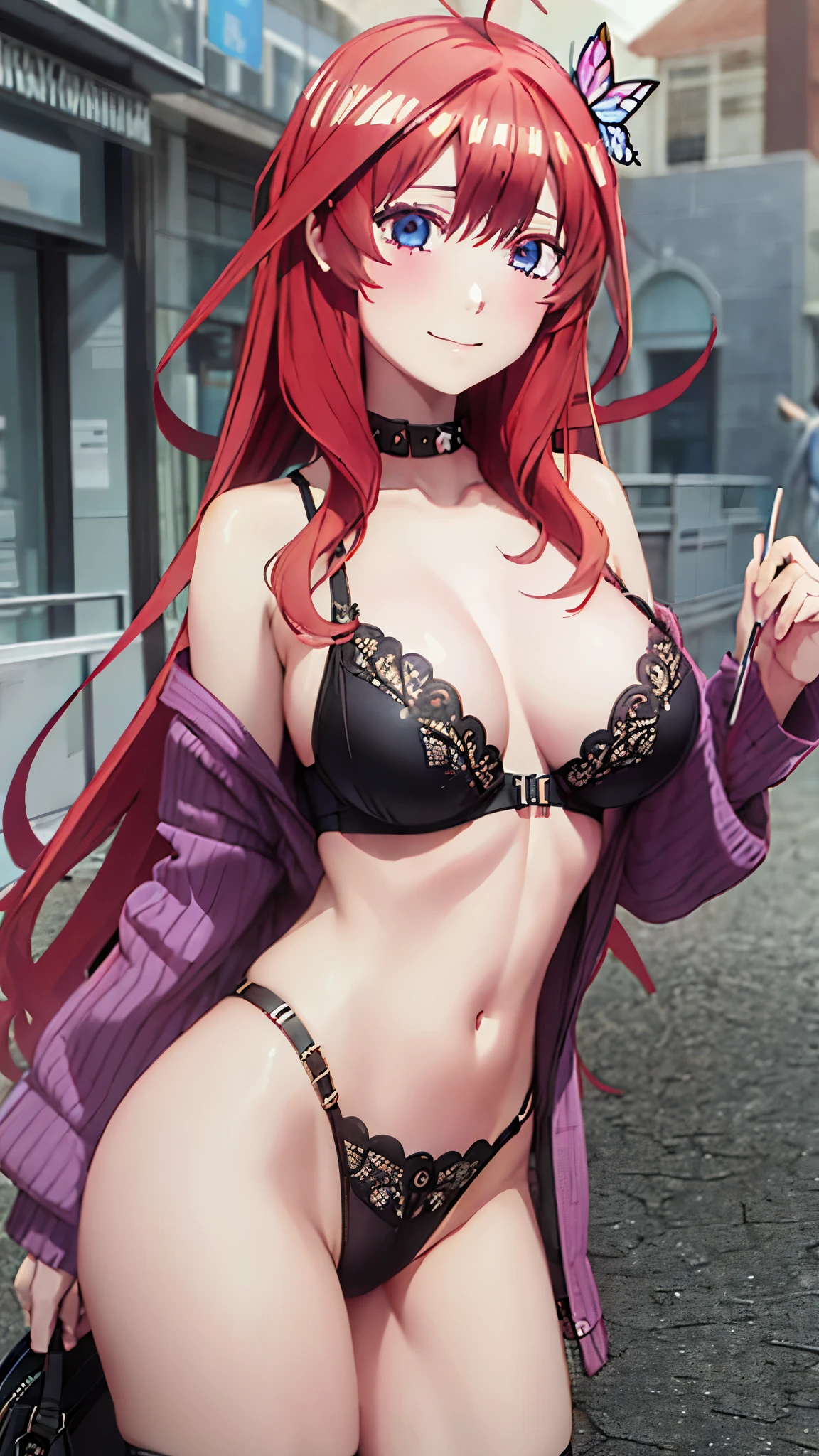 Nakano Itsuki、Shoulder-length pink hair、butterfly hair ornament、huge tit、(bra very、pantiy)、(red blush:1)、is standing、耳Nipple Ring、a smile、(A sexy)