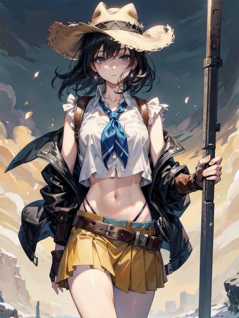 cowgirl costume, vest, cowboy hat, fingerless gloves, midriff, neckerchief, short skirt, holster, absurdres, RAW photo, extremely delicate and beautiful, masterpiece, Best Quality, ultra high resolution, 32k, hyperrealistic, ultra-detailed, perfect figure, tearful mole, earring, whole body shot, short medium hair, wavy hair,