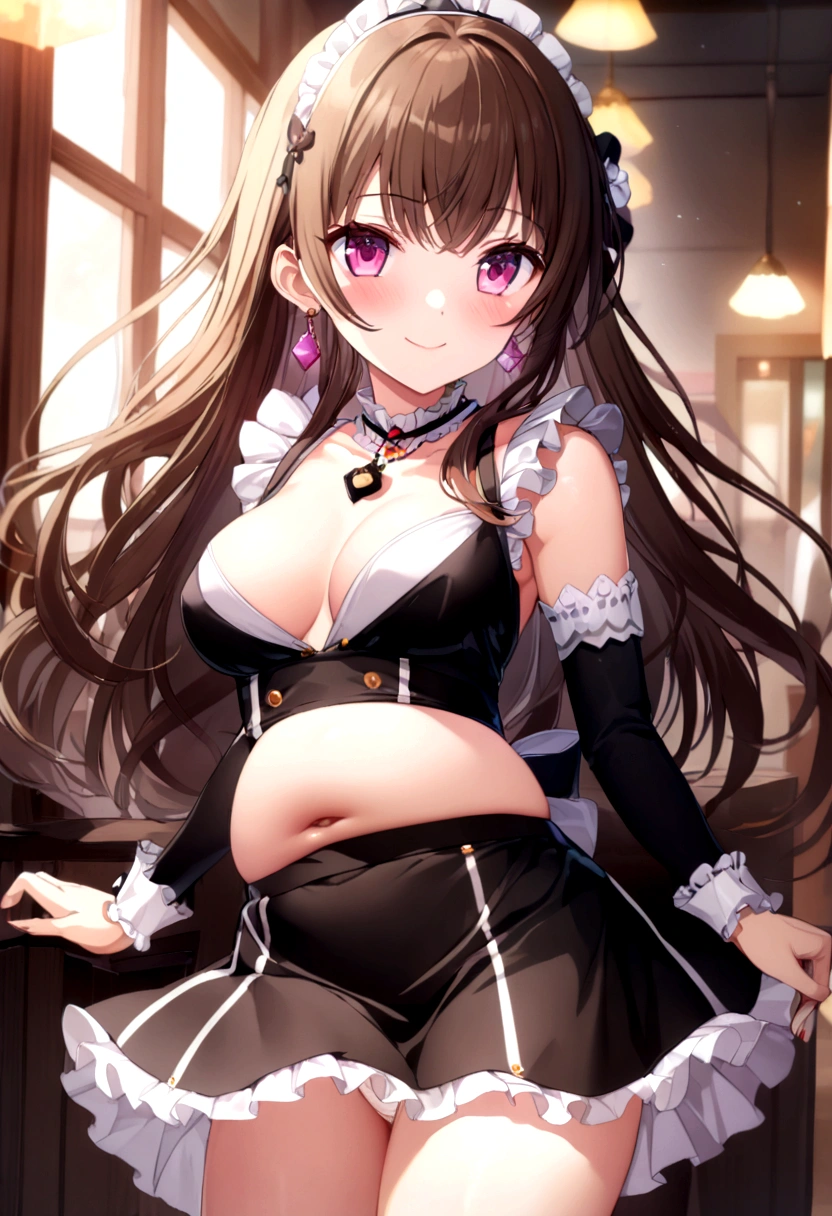 (2 young girls with long hair, Beautiful face and eyes and eyeliner,A delicate little face, pink eyes, Charming smile, (Maid cafe outfit with frilly, Sheer pleated mini skirt:1.5), (Transparent maid cafe costume with large open breasts and hollow:1.2), Sexy transparent underwear,Show belly button, Revealing sexy transparent white panties (very pretty girl), brown hair, Fashion hair accessories quality:1.4), (Extremely detailed),Pendants and earrings、 (Extremely detailed CG unified 8k wallpaper), Very detailed, High-resolution original color photos, Professional photography, Depth of Field,
