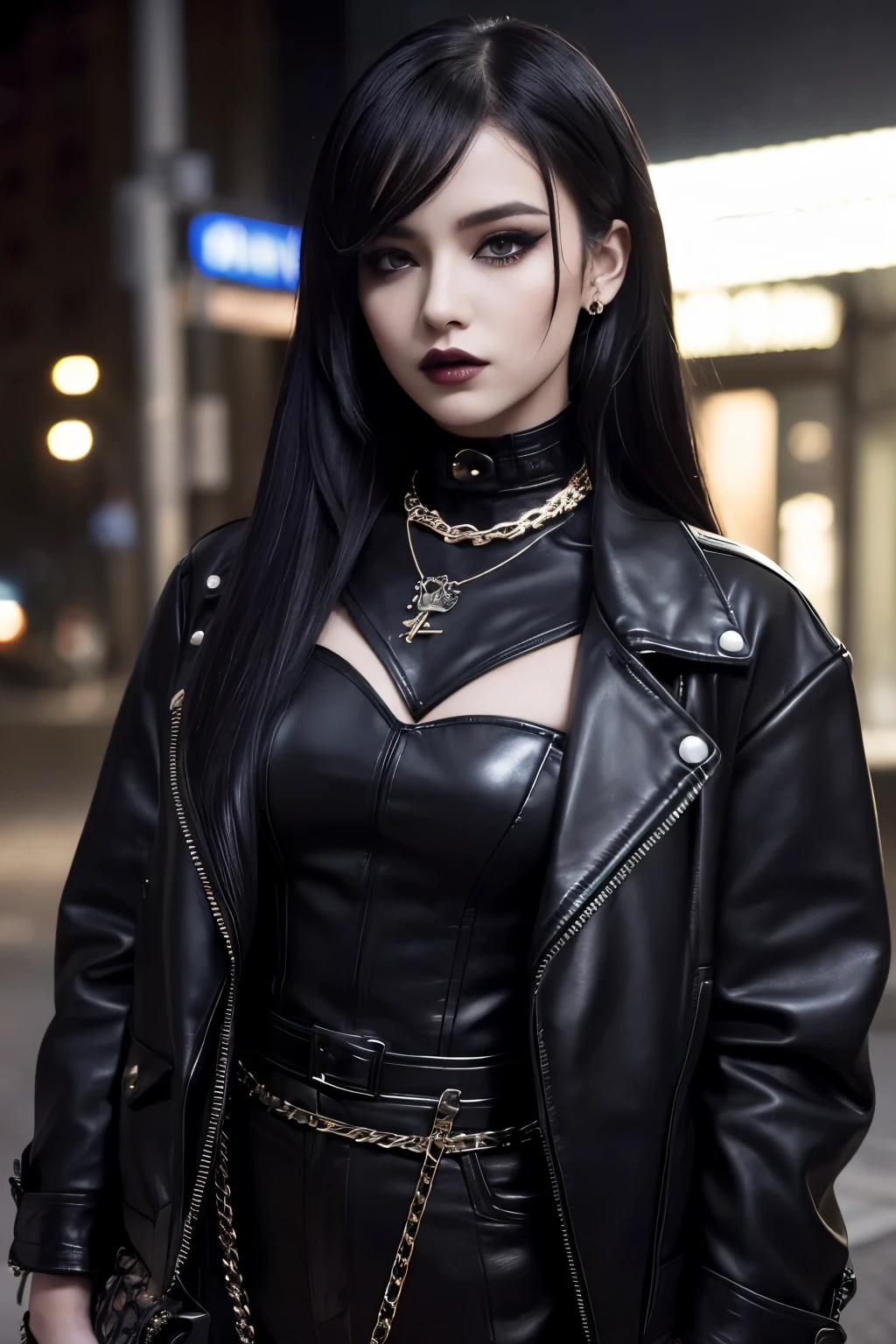 「A young woman in gothic fashion、It was shot against a nighttime urban backdrop.。She wears her dark hair in an elegant comb-over、The makeup is emphasized by eyeliner.。The outfit consisted of a black leather jacket with checkered details and、Accessorized with multiple chains and pendants。The overall look is cool and stylish.。」