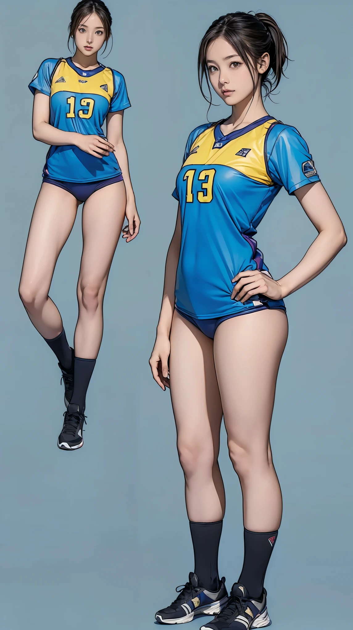 ((masterpiece)),(((highest quality))),((1 person, Reference Sheet, Character Design, front, return, ~ ~ side))), Thin thighs, Long legs, It's not a big deal, Please wear volleyball uniform and volleyball shoes, ((Browsing Caution))