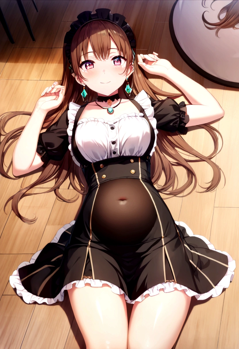 (2 young girls with long hair, Beautiful face and eyes and eyeliner,A delicate little face, pink eyes, Charming smile, (Maid cafe outfit with frilly, Sheer pleated mini skirt:1.5), (Transparent maid cafe costume with large open breasts and hollow:1.2), Sexy transparent underwear,Show belly button, Revealing sexy transparent white panties (very pretty girl), brown hair, Fashion hair accessories quality:1.4), (Extremely detailed),Pendants and earrings、 (Extremely detailed CG unified 8k wallpaper), Very detailed, High-resolution original color photos, Professional photography, Depth of Field, (Lying on the floor)