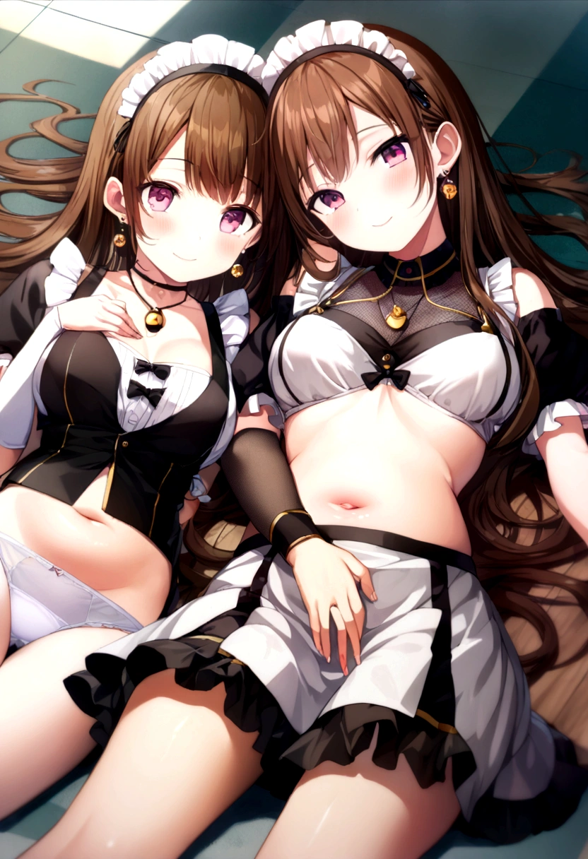 (2 young girls with long hair, Beautiful face and eyes and eyeliner,A delicate little face, pink eyes, Charming smile, (Maid cafe outfit with frilly, Sheer pleated mini skirt:1.5), (Transparent maid cafe costume with large open breasts and hollow:1.2), Sexy transparent underwear,Show belly button, Revealing sexy transparent white panties (very pretty girl), brown hair, Fashion hair accessories quality:1.4), (Extremely detailed),Pendants and earrings、 (Extremely detailed CG unified 8k wallpaper), Very detailed, High-resolution original color photos, Professional photography, Depth of Field, (Lying on the floor)