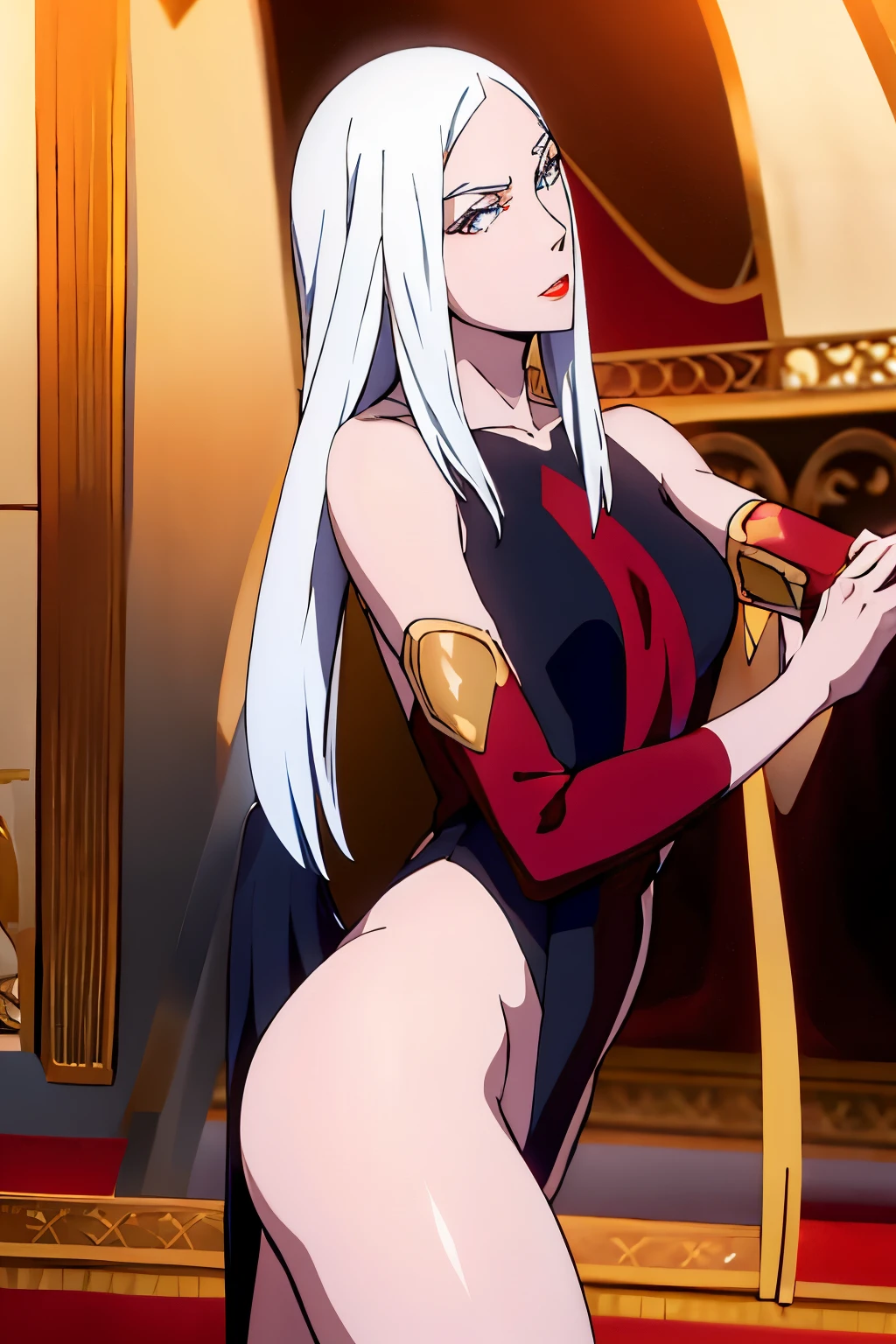 carmilla, pechos medianos, vestido negro, pelo blanco, hermoso rostro, ojos azules, (Obra maestra:1.2), Mejor calidad, absurdos, high resolution, fondo de pantalla extremadamente detallado, perfect lighting, Desde abajo, medias, stockings, tacones, hig heels, pussy, nsfw,+18