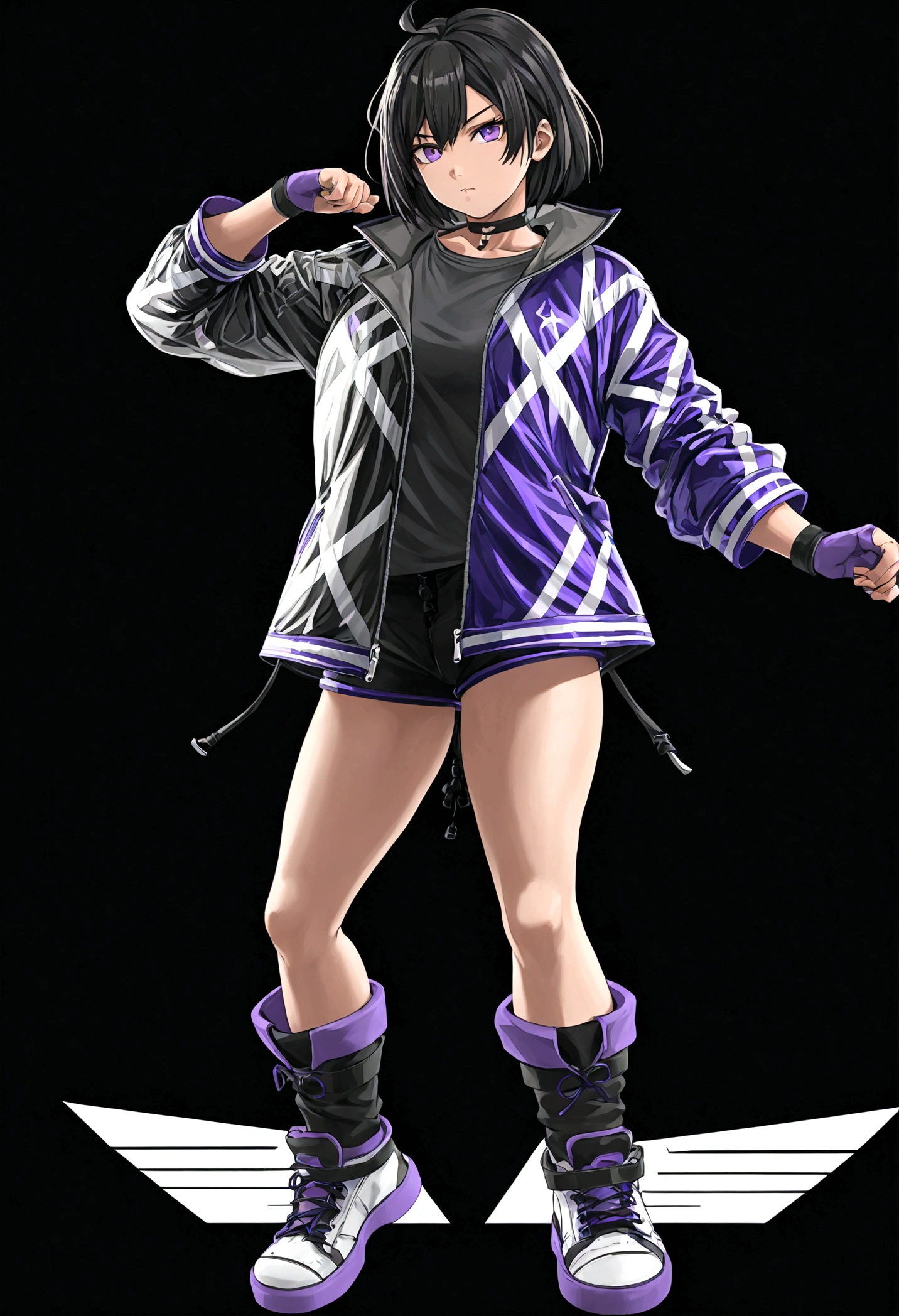 Tomboy girls, Sexy, Smart, Strong, muscular body, Tall Body, Short black hair, purple pupil eyes, black plain chokers, wear jacket, black tank top, short black jeans, thick long black stocking, black sneakers with purple ties, Tekken Art Style, Anime art style.