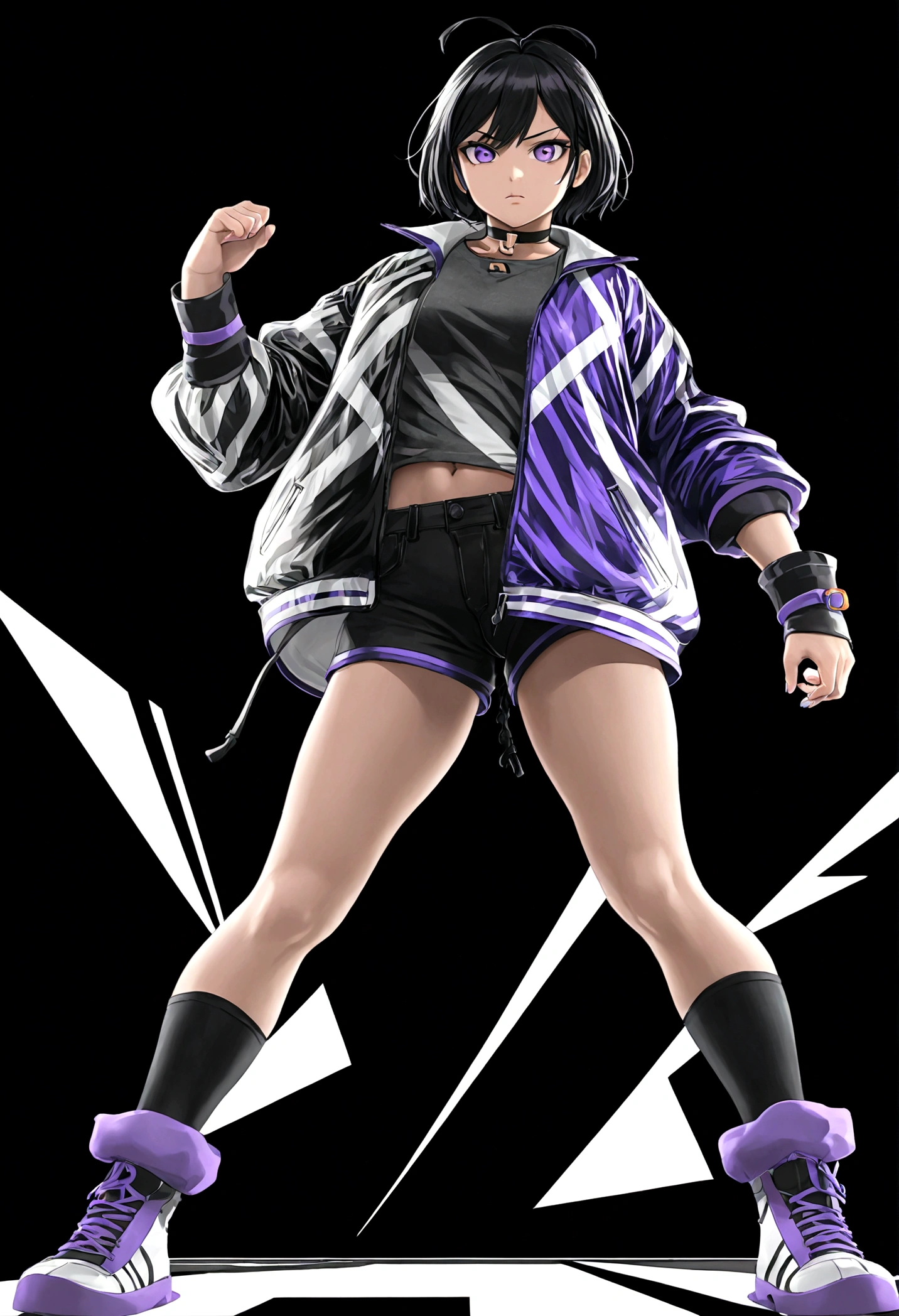 Tomboy girls, Sexy, Smart, Strong, muscular body, Tall Body, Short black hair, purple pupil eyes, black plain chokers, wear jacket, black tank top, short black jeans, thick long black stocking, black sneakers with purple ties, Tekken Art Style, Anime art style.