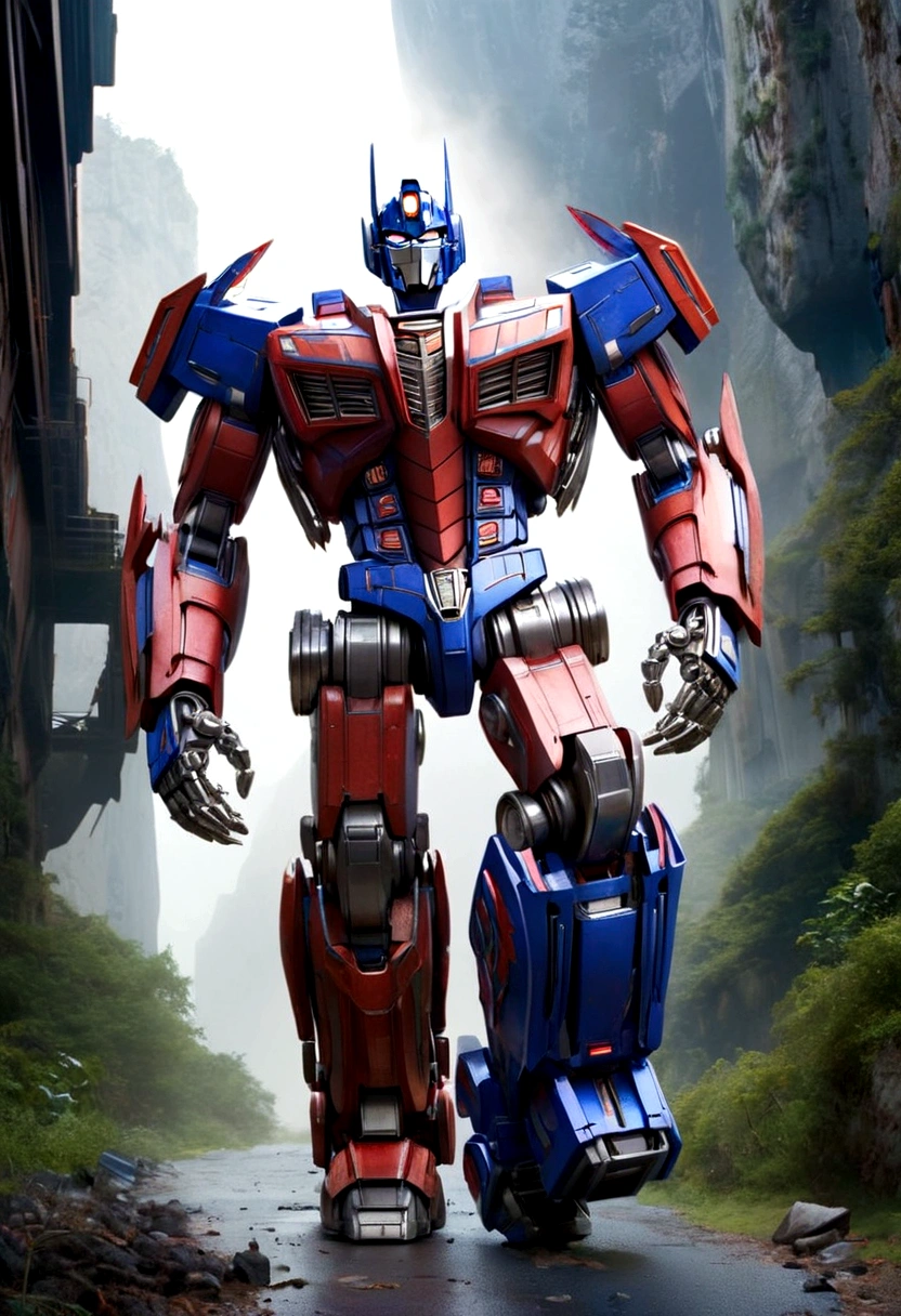 Optimus Prime, highly detailed, Micheal Bay style, intricately detailed mechanical joints, walking away from viewer, Cybertron landscape, volumetric lighting, dramatic lighting, cinematic composition, depth of field, photorealistic, 8k, ultra-detailed, hyperrealistic, stunning, masterpiece
