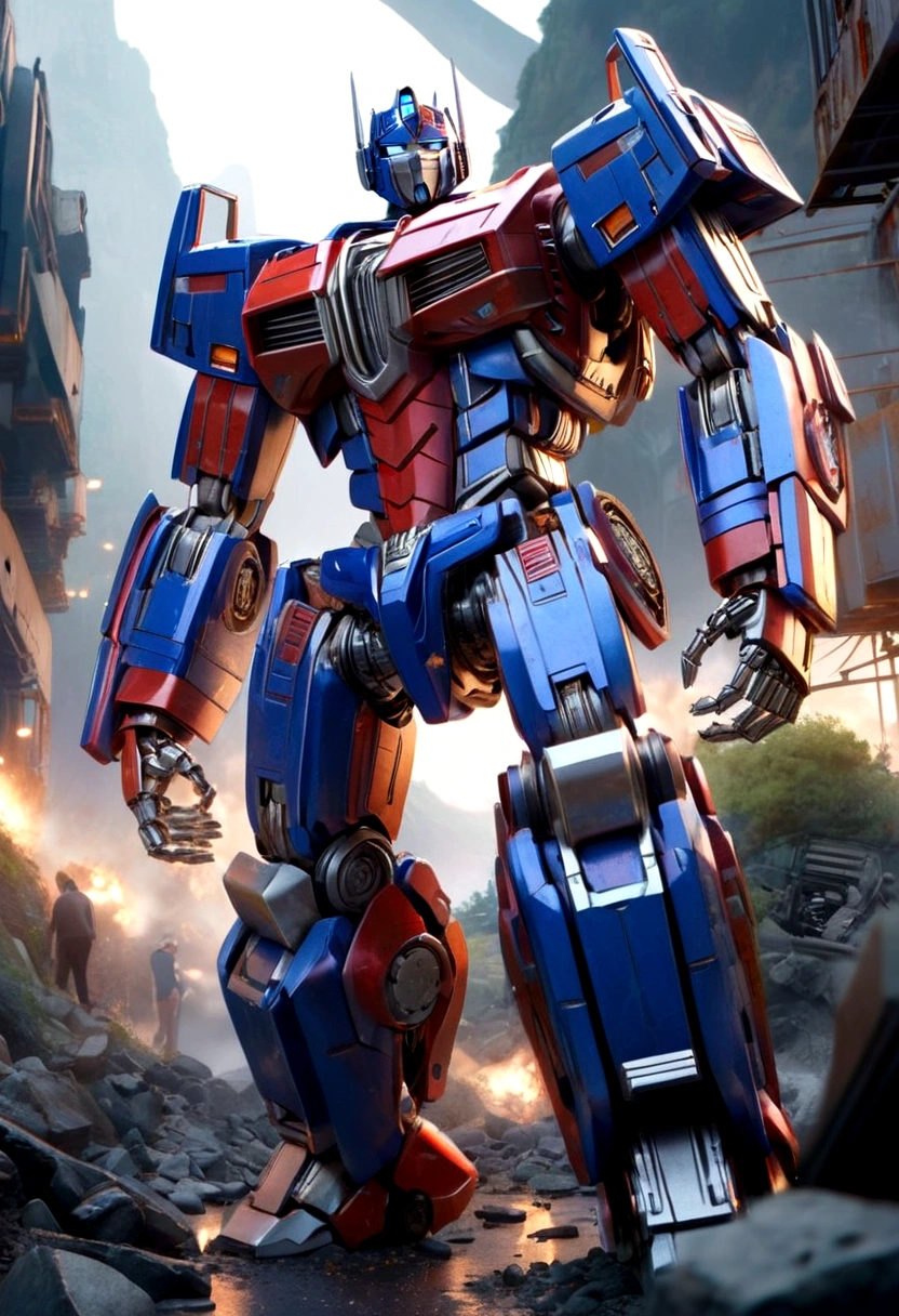 Optimus Prime, highly detailed, Micheal Bay style, intricately detailed mechanical joints, walking away from viewer, Cybertron landscape, volumetric lighting, dramatic lighting, cinematic composition, depth of field, photorealistic, 8k, ultra-detailed, hyperrealistic, stunning, masterpiece