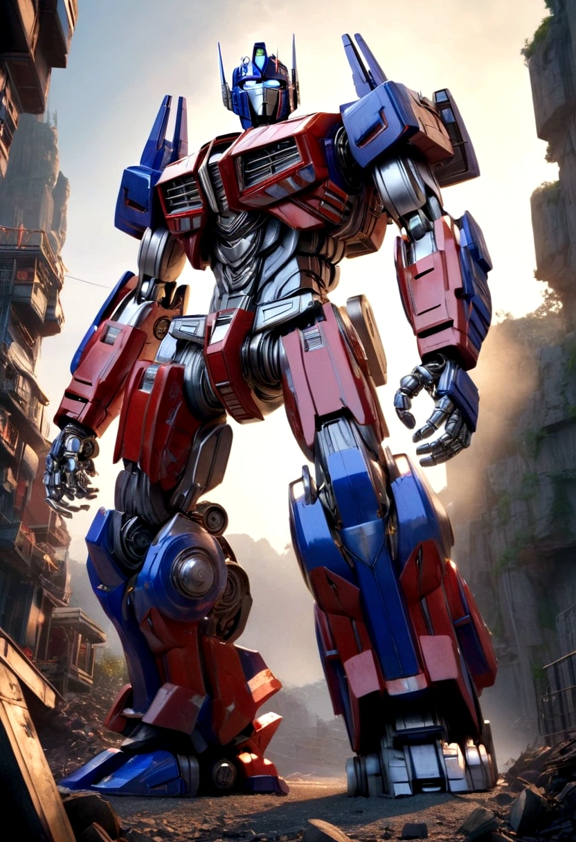Optimus Prime, highly detailed, Micheal Bay style, intricately detailed mechanical joints, walking away from viewer, Cybertron landscape, volumetric lighting, dramatic lighting, cinematic composition, depth of field, photorealistic, 8k, ultra-detailed, hyperrealistic, stunning, masterpiece
