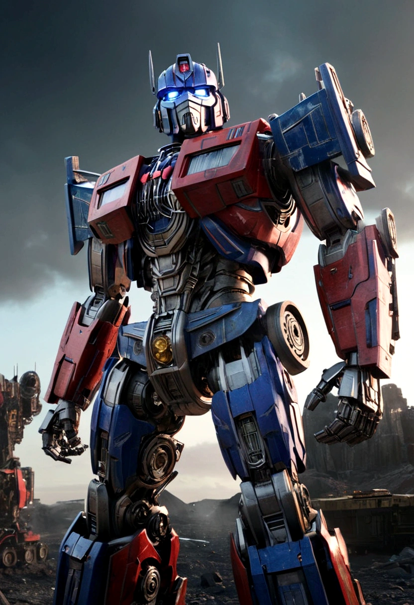a highly detailed, cinematic render of Optimus Prime from the Michale Bay Transformers films, intricate mechanical joints and gears visible, Optimus walking away with his back to the viewer, set on the planet Cybertron, 8k, hyperrealistic, cinematic lighting, moody, dark and gritty atmosphere, dramatic camera angle