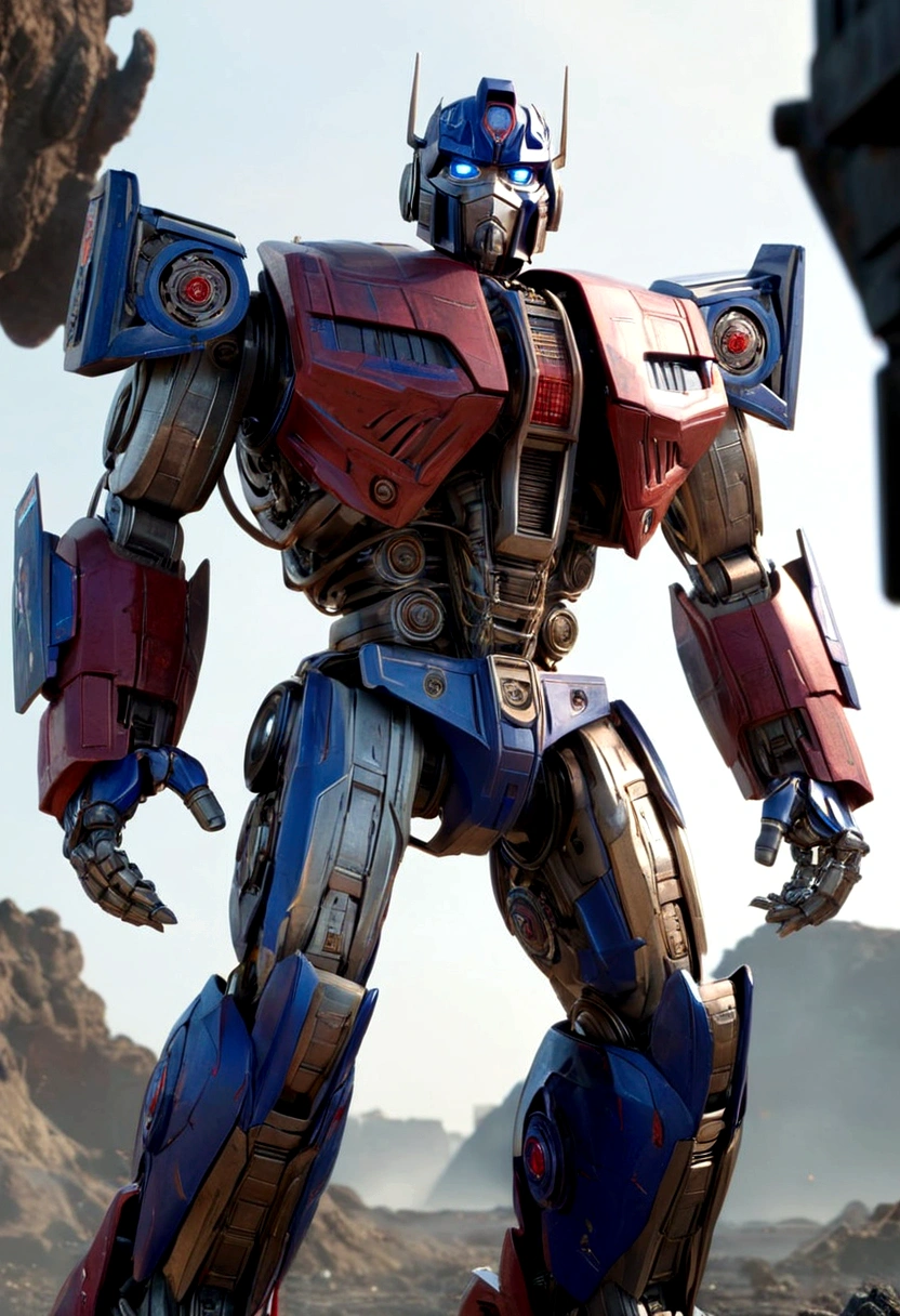 a highly detailed, cinematic render of Optimus Prime from the Michale Bay Transformers films, intricate mechanical joints and gears visible, Optimus walking away with his back to the viewer, set on the planet Cybertron, 8k, hyperrealistic, cinematic lighting, moody, dark and gritty atmosphere, dramatic camera angle