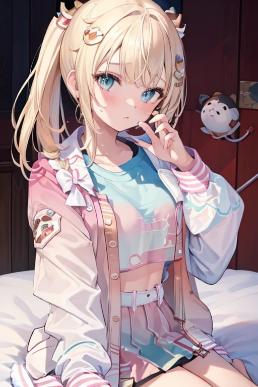 masterpiece, Facial details, Extremely detailed, 8k, pink letterman jacket, Top girl, Straddle, Cover with a blanket,