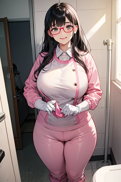 Wearing large pink rubber gloves and white rubber boots、A chubby high school girl with black hair and glasses wearing a red long-sleeved, long-pants gym uniform cleans the dirty toilets at school while smiling gently.