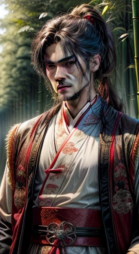 masterpiece，Hyper HD，Acura，need，The content is very detailed，mens，smile，Chinese style，Ancient China，Black Hair Color，grayish-blue eyes，Split ends，Long white hair，Long Bangs，Raised ponytail，Blonde Crown，good looking，Masculine，Kindness，Otaka，A Piece of Silence，Long white robe，charm，bamboo forest，Tree Branch，Wind comfort， young person，Stable expression