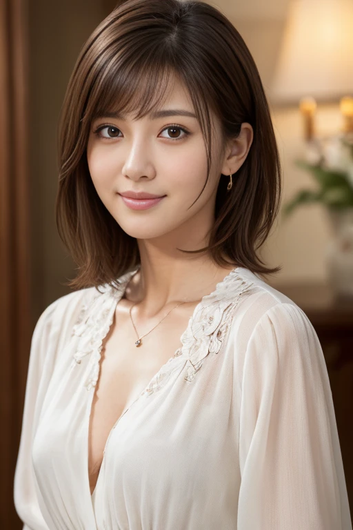 (Raw photo), (Photorealistic), (masterpiece), (highest quality), High resolution, 8K resolution, (Intricate details), (Volumetric Light), Portrait, woman,, short hair, Straight Hair, Layered Hair, Brown haired, Highly detailed eyes, Source Order, Very fine eyebrows, Highly detailed skin, Highly detailed mouth, Highly detailed nose, Cute like an idol, Smile, ((Thick lips)), ((Look at the viewers)), (Elegant blouse)、Cleavage、Cleavage、