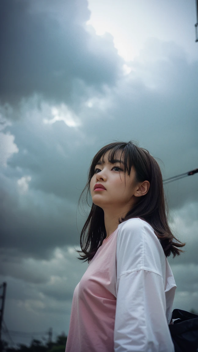 ((crane))、Rainy Sky、((1girl)),from below
