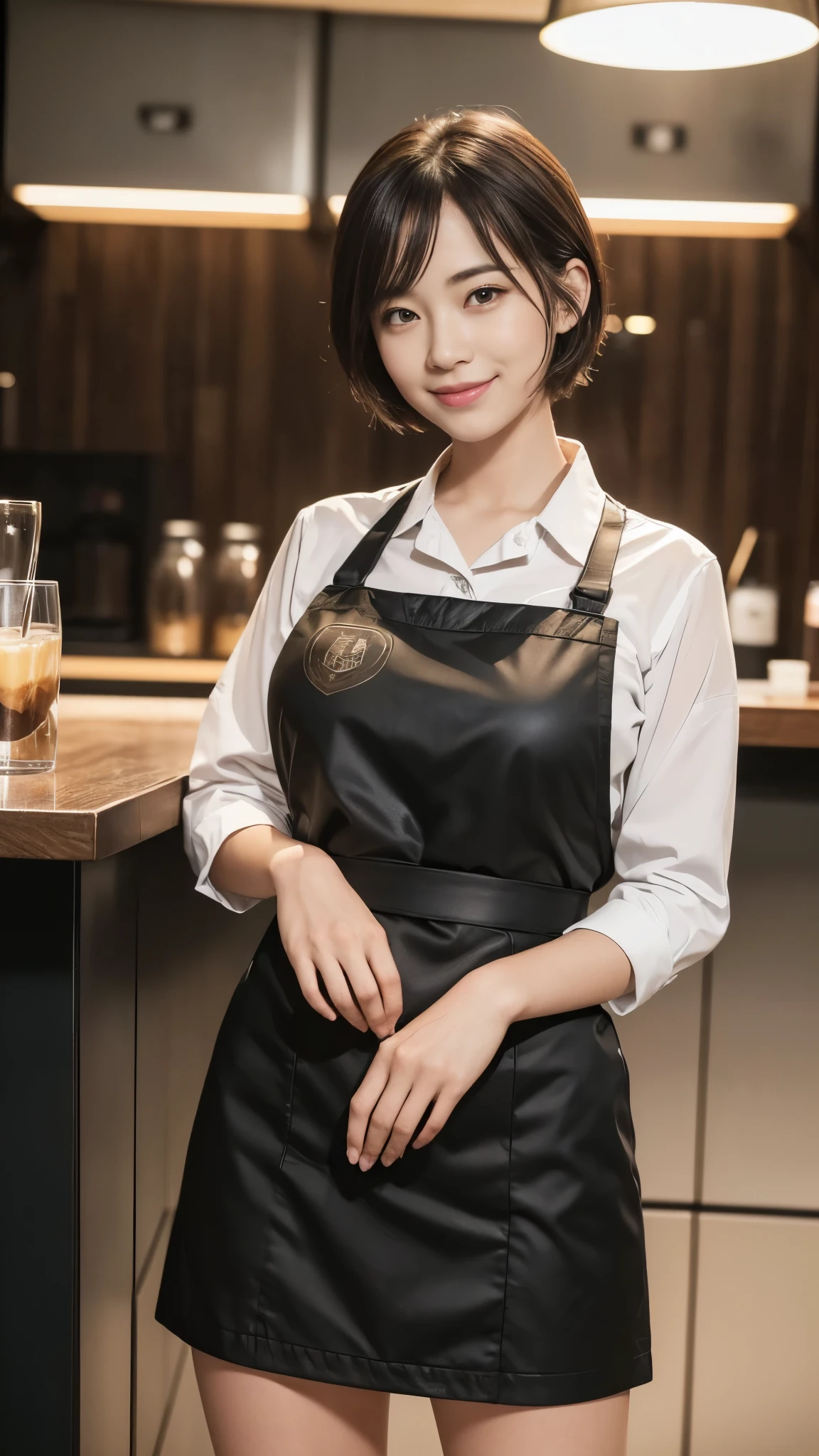 (dramatic angle)(coffee shop staff uniform)Mix 4,ultra detail (8k, RAW Photos, 最high quality, masterpiece: 1.45), (Realistic, Photorealistic: 1.37), (Ultra high definition)(Textured skin)(Very detailed)(high quality)(最high quality)(First Person View)Cute woman,smile ,Cafe,short hair
