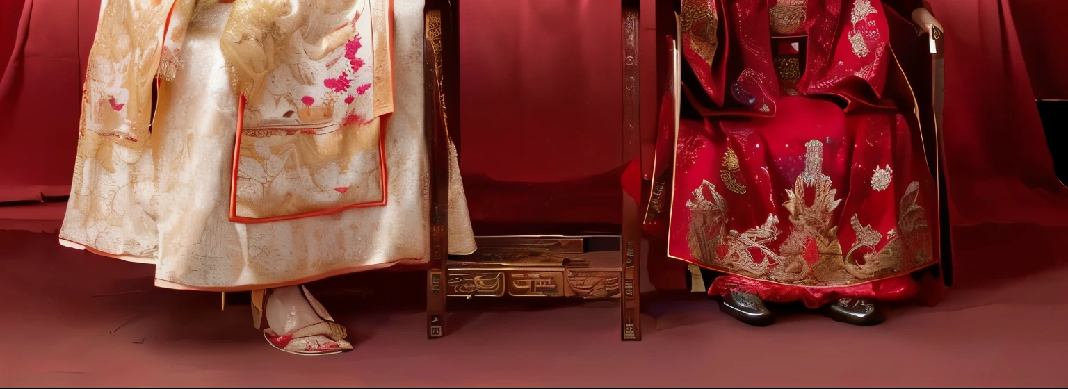 Two women in traditional dress stand next to a chair, embroidered Brocade robe, Religious robes, People in robes sitting around a table, 白色Taoist robe, Brocade robe, Gold-lettered robe, elaborate cult robes, Alexandra Fomina, Embroidered robe, wears long red robe, Ornate costumes in red and gold, Taoist robe