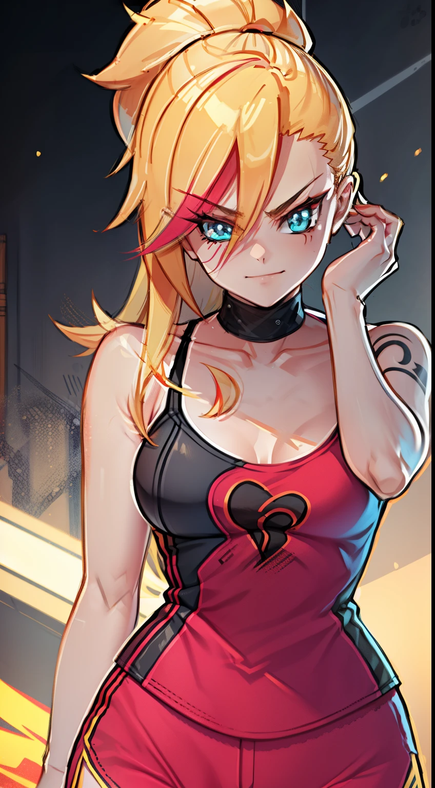 young girl,  ultrs long blonde hair, Hairpin with a bundle, turquoise eyes, Yakuza tattoos, red tight uniform, Sleeveless, Wide neckline on the chest to the abdomen, Gold Elements, Red gold armor, Shorts, claws, smirk, Masterpiece, hiquality, 4k, HD, Good detail