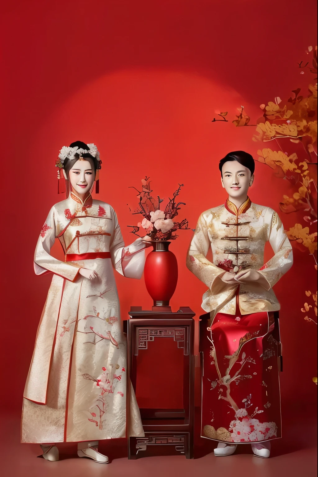 they are dressed in traditional chinese clothing and holding a vase, traditional chinese clothing, with acient chinese clothes, chinese style, traditional chinese, cheongsam, wearing ancient chinese clothes, traditional clothing, wearing ornate silk clothes, ruan jia and fenghua zhong, lovely couple, inspired by Guo Xi, ao dai, traditional clothes, chinese costume