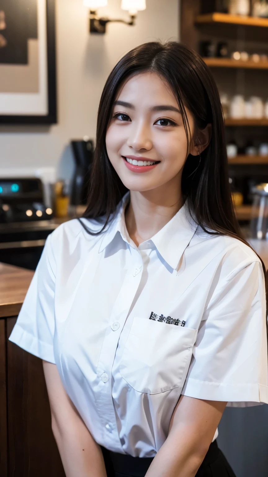 (dramatic angle)(coffee shop staff uniform)Mix 4,ultra detail (8k, RAW Photos, 最high quality, masterpiece: 1.45), (Realistic, Photorealistic: 1.37), (Ultra high definition)(Textured skin)(Very detailed)(high quality)(最high quality)(First Person View)Beauty Women,smile ,Cafe,