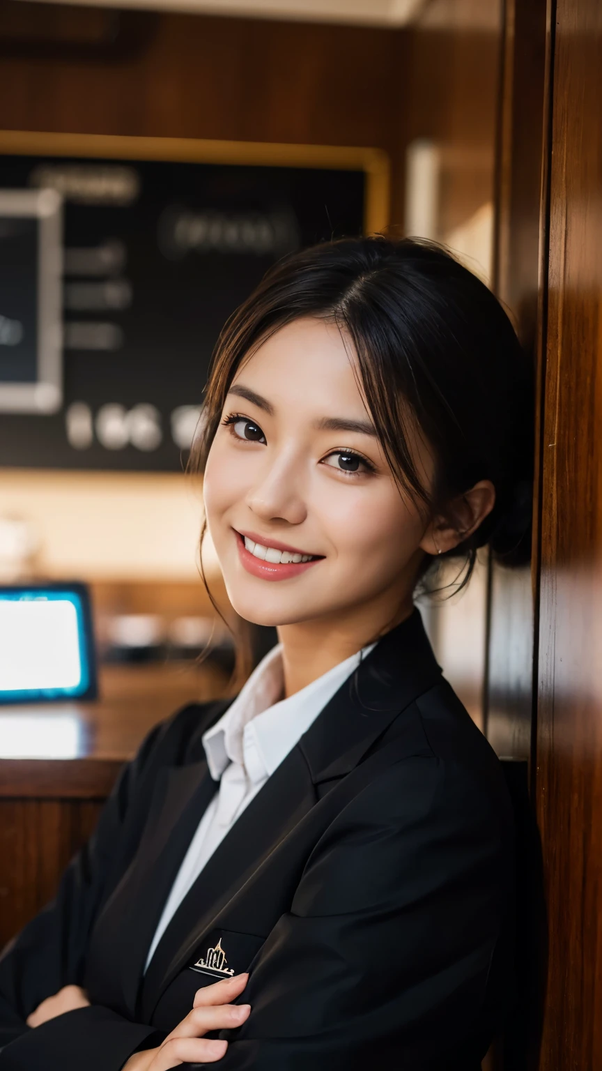(dramatic angle)(coffee shop staff uniform)Mix 4,ultra detail (8k, RAW Photos, 最high quality, masterpiece: 1.45), (Realistic, Photorealistic: 1.37), (Ultra high definition)(Textured skin)(Very detailed)(high quality)(最high quality)(First Person View)Beauty Women,smile ,Cafe,