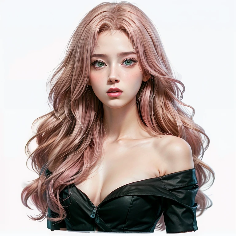 young woman, short shoulder-length pink hair, wide forehead, porcelain skin, pink eyebrows, big emerald green eyes, buttoned nose, full lips, heart-shaped face, slender body, small breasts, red tank top, Sakura Haruno , realistic, realism, details, 3d, well detailed