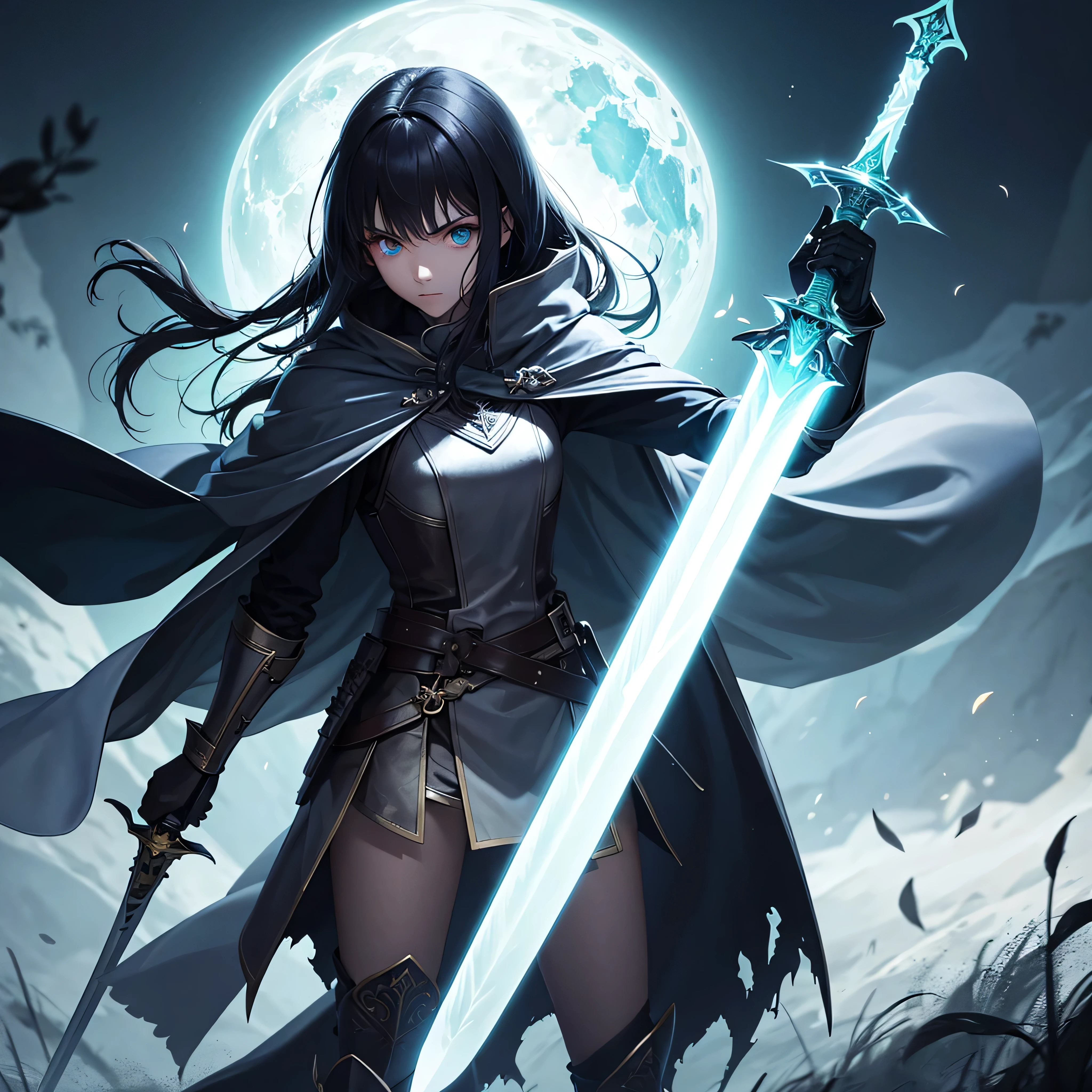 sword, glowing, holding sword, glowing sword, grass, holding weapon, holding, solo, torn clothes, glowing eyes, armor, planted, planted sword, cape, female focus, outdoors, standing, glowing eye, 1girl